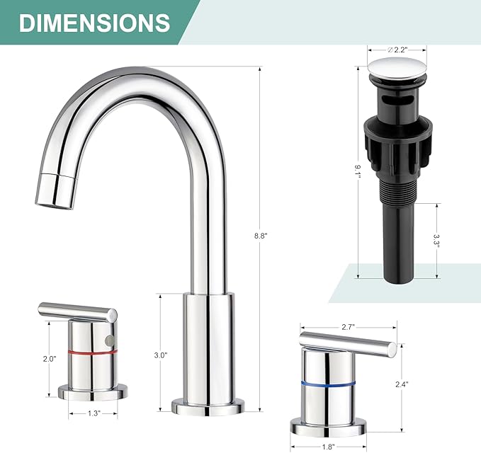 Faustina Chrome Bathroom Faucet,8 Inch Widespread Bathroom Faucets for Sink 3 Hole/Double-Handle 4 Inch 8 Inch Bathroom Faucet with Drain Assembly Stainless Steel Vanity Faucet Basin Mixer Tap