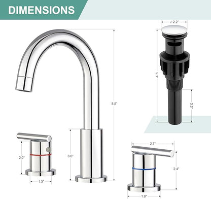 Faustina Chrome Bathroom Faucet,8 Inch Widespread Bathroom Faucets for Sink 3 Hole/Double-Handle 4 Inch 8 Inch Bathroom Faucet with Drain Assembly Stainless Steel Vanity Faucet Basin Mixer Tap