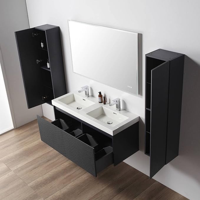 Blossom 48 Inch Double Sink Bathroom Vanity with Side Cabinets, All Wood Wall Mounted Floating Bathroom Vanity Cabinet with Acrylic Sink, Soft-Close Drawers, Bathroom Vanities, Night Blue