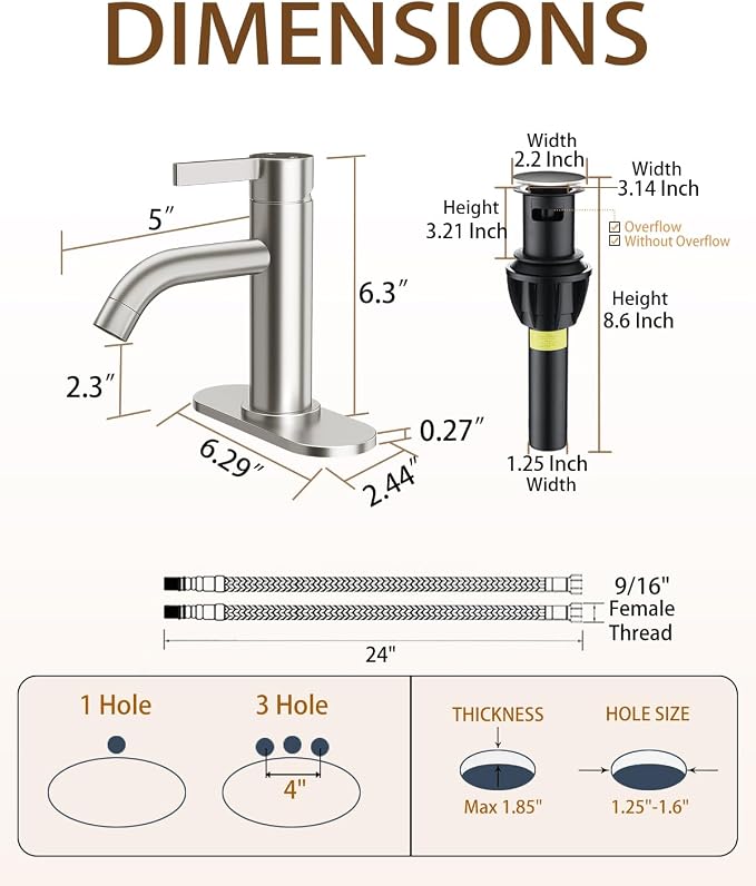Brushed Nickel Bathroom Faucet Single Hole with Pop-Up Bathroom Drain and Flexible Hoses Single Handle Bathroom Sink Faucet w/Deck Plate(1 or 3 Hole) for Vanity Sinks, RV, Farmhouse