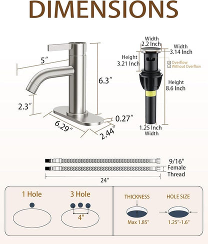 Brushed Nickel Bathroom Faucet Single Hole with Pop-Up Bathroom Drain and Flexible Hoses Single Handle Bathroom Sink Faucet w/Deck Plate(1 or 3 Hole) for Vanity Sinks, RV, Farmhouse