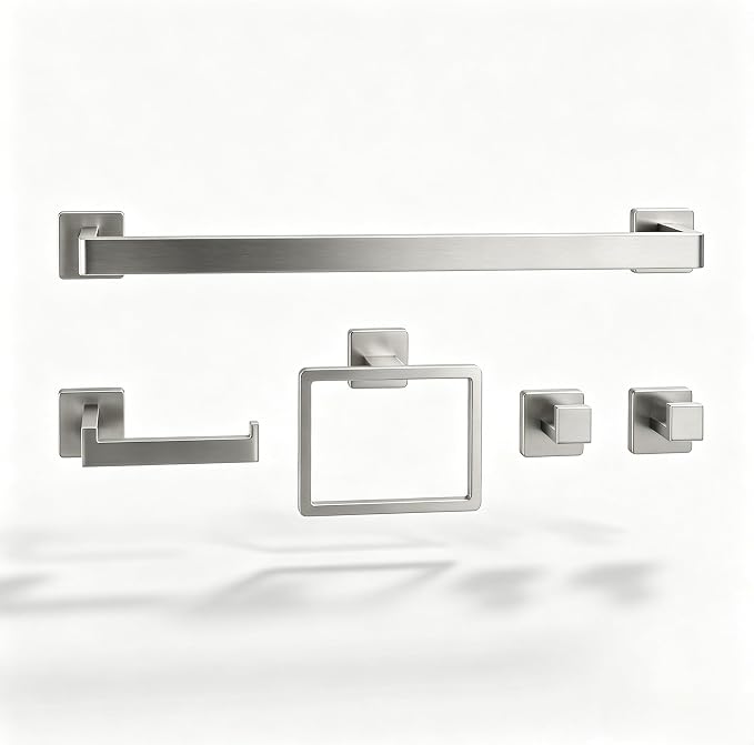 Nevado 5‑Piece Wall Mounted Bathroom Hardware Set | Towel Bar, Toilet Paper Holder, Towel Ring & Robe Hook, Brushed Nickel Bathroom Accessories, 23.6‑Inch Towel Bar
