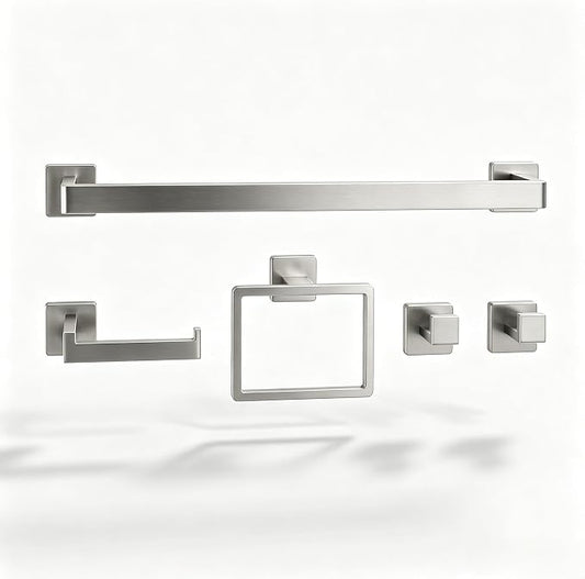 Nevado 5‑Piece Wall Mounted Bathroom Hardware Set | Towel Bar, Toilet Paper Holder, Towel Ring & Robe Hook, Brushed Nickel Bathroom Accessories, 23.6‑Inch Towel Bar