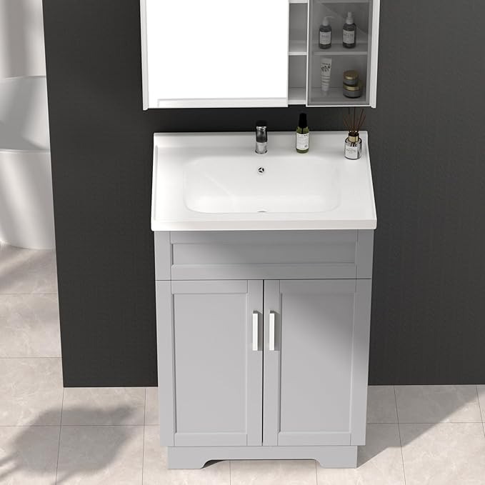 Bathroom Vanity with Ceramic Sink, Bathroom Vanity Cabinet with 2 Doors, 24 Inches Wooden Cabinet with Sink, Grey