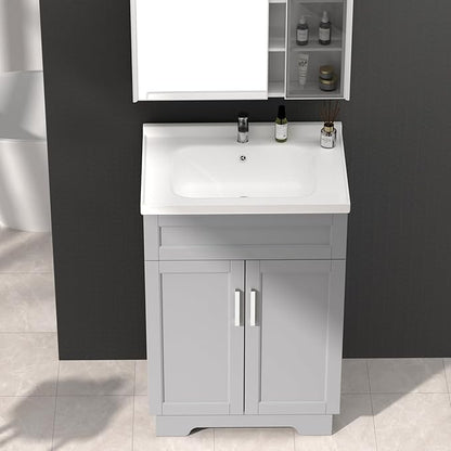 Bathroom Vanity with Ceramic Sink, Bathroom Vanity Cabinet with 2 Doors, 24 Inches Wooden Cabinet with Sink, Grey