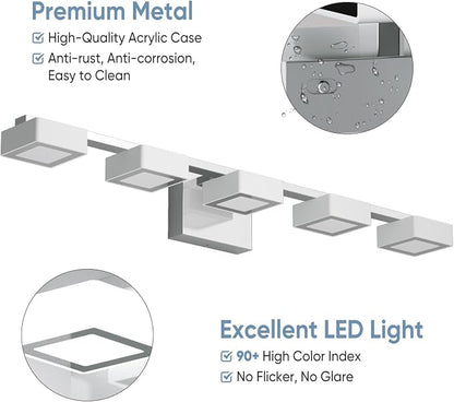 LED Modern Bathroom Light Fixtures Over Mirror, 5-Light Dimmable Vanity Lights, Chrome Acrylic Bathroom Vanity Light, 2700K-6500K Adjustable, ETL Certificated