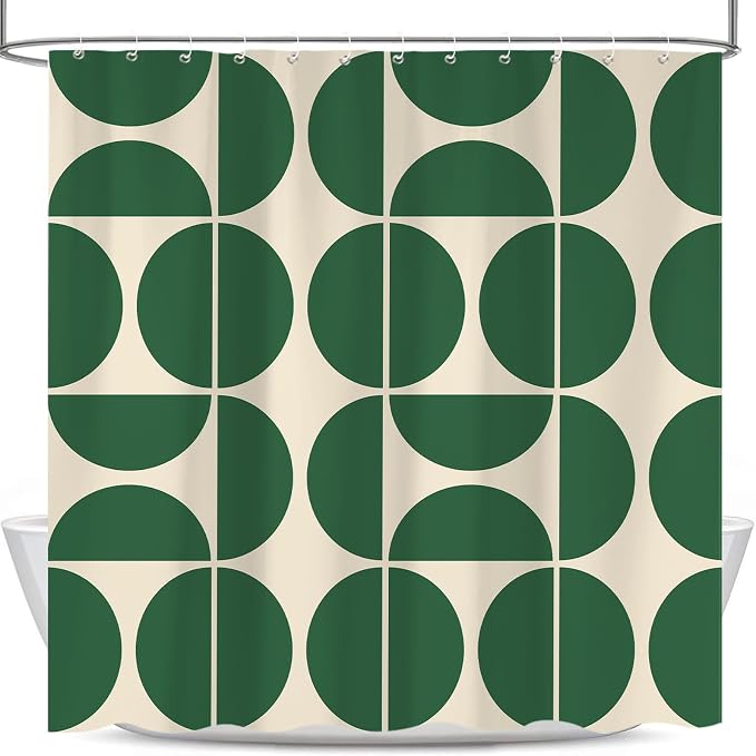 Green Mid Century Modern Shower Curtain, Boho Abstract Geometric Retro Art Bath Curtains for Bathroom, Colorful Unique Pattern Waterproof Polyester Fabric Bathroom Set 12 Hooks 72X78IN