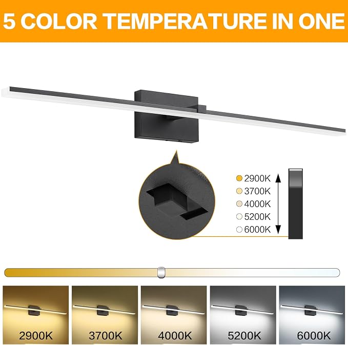 40in Bathroom Light Fixtures Black Modern LED Vanity Lights Bar for Bathroom 5CCT Dimmable 28W Lighting Fixtures for Bath Wall