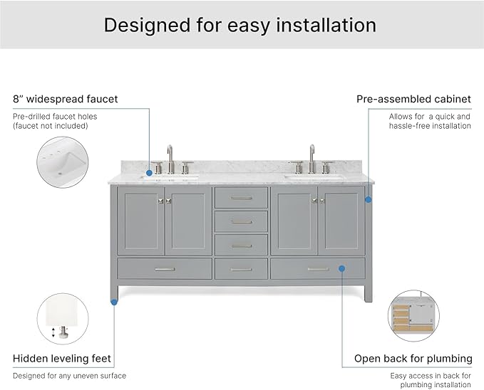 ARIEL Cambridge 72-inch Bathroom Vanity with Sink,Solid Wood, 0.75-inch Italian Carrara Marble Countertop, Double Rectangular Porcelain Sink, 4 Soft Closing Doors, 6 Dovetail Drawers, Grey