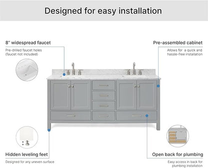 ARIEL Cambridge 72-inch Bathroom Vanity with Sink,Solid Wood, 0.75-inch Italian Carrara Marble Countertop, Double Rectangular Porcelain Sink, 4 Soft Closing Doors, 6 Dovetail Drawers, Grey
