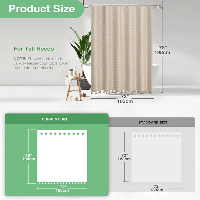 Dynamene 78 Inches Long Shower Curtain, Boho Tufted Chevron Striped Tall Cloth Shower Curtains for Bathroom Decor, Large Hotel Spa Luxury Shower Curtain Set with Hooks, Wrinkle Free, Beige, 72x78