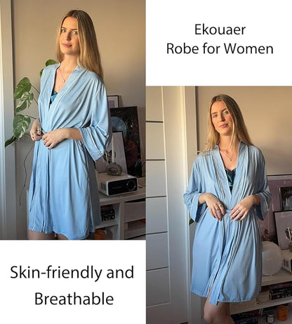 Ekouaer Women Kimono Robes Knee Length Knit Bathrobe Lightweight Soft Sleepwear V-neck Casual Ladies Loungewear