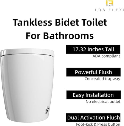 Non Electric Bidet Toilet, Los Flexi 17.3" ADA & Elongated Tankless One-Piece Toilet, 1000g Map & 1.0 GPF, Powerful Air Pressure Assisted System, Feminine and Rear Wash, Foot Kick Flush, 12" Rough-In