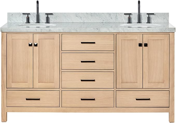 ARIEL Cambridge 66-inch Bathroom Vanity with Sink,Solid Wood, 1.5-inch Italian Carrara Marble Countertop, Double Oval Porcelain Sink, 4 Soft Closing Doors, 6 Dovetail Drawers, White Oak