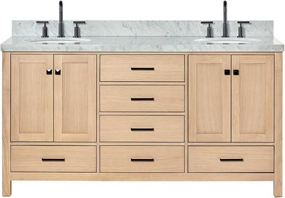 ARIEL Cambridge 66-inch Bathroom Vanity with Sink,Solid Wood, 1.5-inch Italian Carrara Marble Countertop, Double Oval Porcelain Sink, 4 Soft Closing Doors, 6 Dovetail Drawers, White Oak