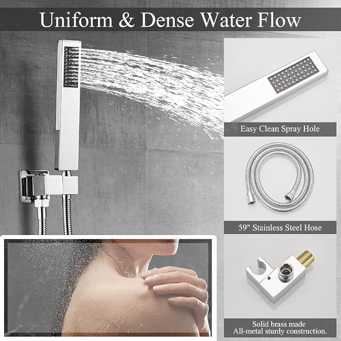 Shower Faucet Set 16 Inch Wall Mount Rain Shower System, All Metal Shower Fixtures - Polished Chrome