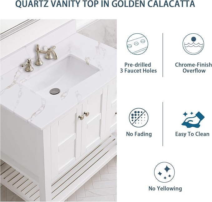 36x22 Vanity Top with Sink, Golden Calacatta Quartz Countertop with Middle Undermount Sink & Backsplash,8in. Faucet Hole Spacing Bathroom Vanity Sink Top