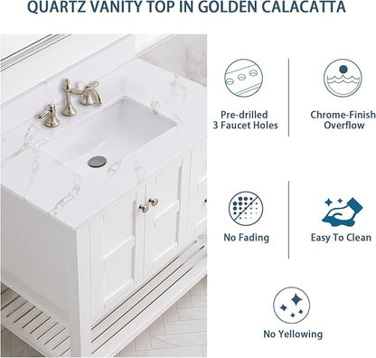 36x22 Vanity Top with Sink, Golden Calacatta Quartz Countertop with Middle Undermount Sink & Backsplash,8in. Faucet Hole Spacing Bathroom Vanity Sink Top
