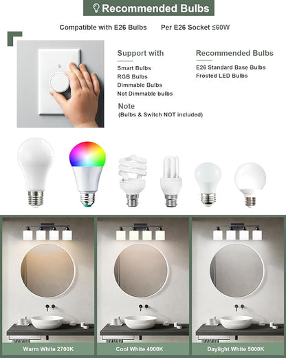 Sailstar Vanity Light Fixtures, Matte Black, Over Mirror, Modern Bathroom Light, Anti-Rust Nickel Finished, 4-Light, E26 Standard Sockets, Easy Installation, 24 Months Replacement