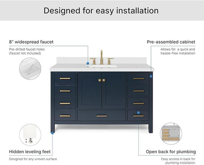 ARIEL Cambridge 54-inch Bathroom Vanity with Sink,Solid Wood, 1.5-inch Pure White Quartz Countertop, Single Rectangular Porcelain Sink, 2 Soft Closing Doors, 9 Dovetail Drawers, Midnight Blue