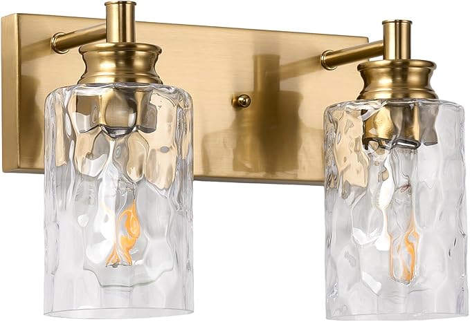 2 Light Bathroom Vanity Light Modern Brushed Gold Bathroom Light Fixtures Over Mirror with Hammered Glass Lampshade for Kitchen Hallway