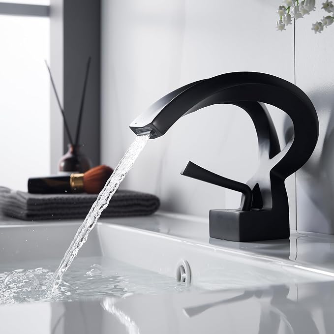 Bathroom Sink Faucet Black Waterfall Single Handle Creative Hollowed Body | One Hole Vanity Basin Deck Mount Lavatory Brass Unique Special Design