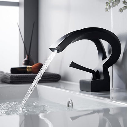 Bathroom Sink Faucet Black Waterfall Single Handle Creative Hollowed Body | One Hole Vanity Basin Deck Mount Lavatory Brass Unique Special Design