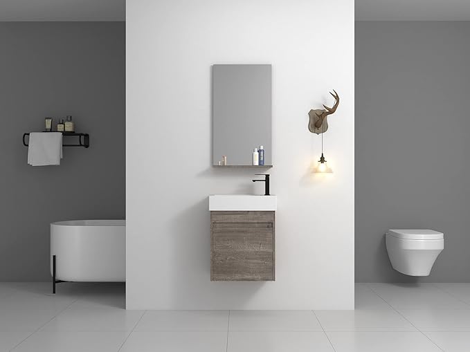 Wall Mount 18 Inch Bathroom Vanity W/Sink Combo for Small Space, Modern Design Vanity Cabinet Gel Basin Countertop, Float Mounting Design Cabinet Set with Single Soft Close Doors (without Faucet)