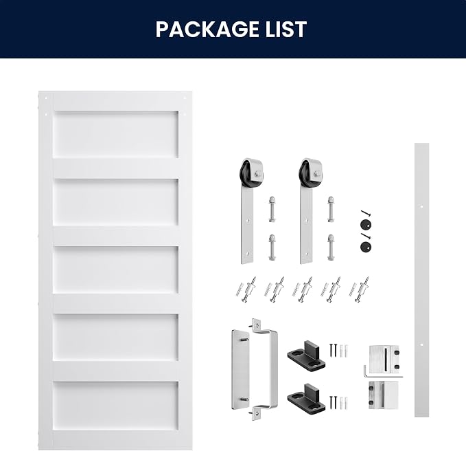 SMARTSTANDARD 36x84 inch White Barn Door with 6.6FT Silver Hardware Track | Solid MDF Slab, Waterproof PVC Surface, 5-Panel, Suitable for Openings up to 34in x 82in