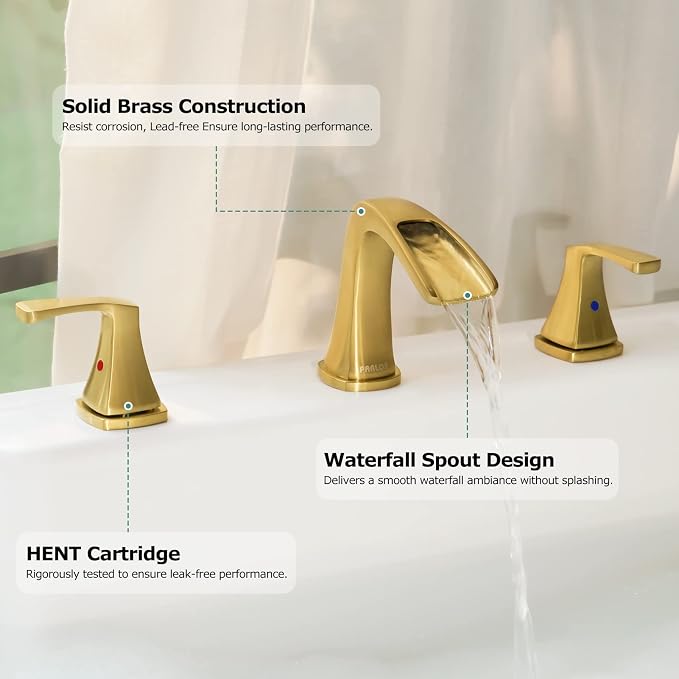 Waterfall 2 Handle Widespread Roman Tub Faucet Brushed Gold | 3 Hole Deck Mount Bathtub Filler with Valve & Supply Lines