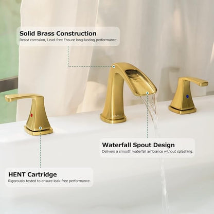 Waterfall 2 Handle Widespread Roman Tub Faucet Brushed Gold | 3 Hole Deck Mount Bathtub Filler with Valve & Supply Lines