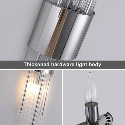 Modern Crystal Wall Sconce, Chrome Finish Wall Sconce, Made of Stainless Steel and Crystal Strip, 21.3 x 4.7 x 2.4 Inches, with 2 E12 Light Sources, Hardwired, Non-Rechargeable