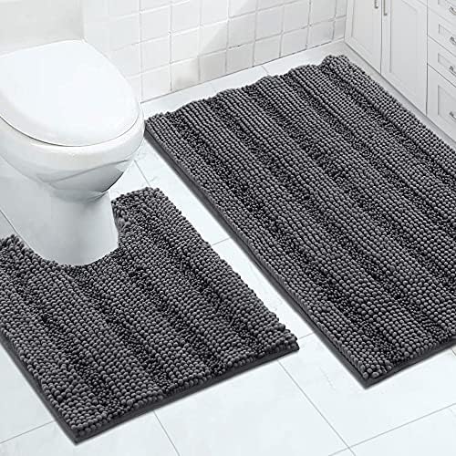 2-Piece Bathroom Rug Set with U-Shaped Mat, Soft Absorbent Chenille, Gray