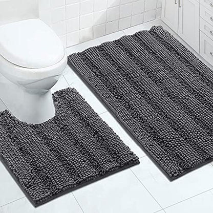 2-Piece Bathroom Rug Set with U-Shaped Mat, Soft Absorbent Chenille, Gray