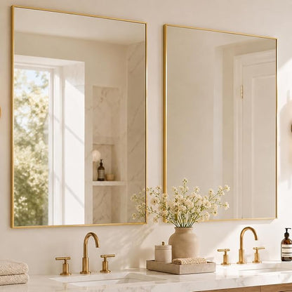 2-Pack 24"x36" Brushed Gold Framed Bathroom Vanity Wall Mirrors | Taller Vanity Pair, Balanced Twin-Sink Look, Matching Finish Across Rooms, Vertical/Horizontal Hanging, Tempered Glass