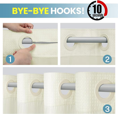SORTTO No Hook Shower Curtain with Snap in Liner Set Waffle Shower Curtain for Bathroom Hotel Style Fabric Waterproof Inner Liner，71" W x 74" H, Ivory