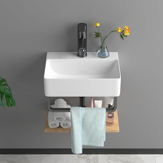 Floating Bathroom Sink Wall Mounted - 14"x10" Rectangular Vessel Sink With Black Faucet & Drain Combo Small Modern White Ceramic Porcelain Vessel Vanity Sinks