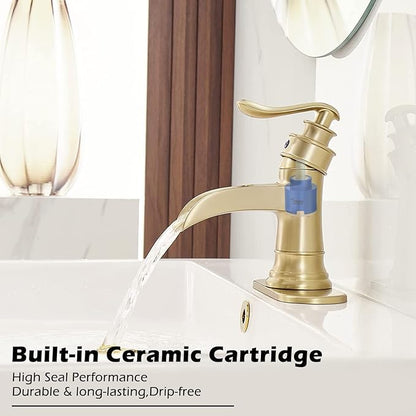 BWE Brushed Gold Bathroom Faucet Waterfall Bathroom Sink Faucet with Pop Up Drain Single Handle Deck Plate for 1 or 3 Hole Vanity Farmhouse Mixer Tap 1.2 GPM [Fits All States, California Included]