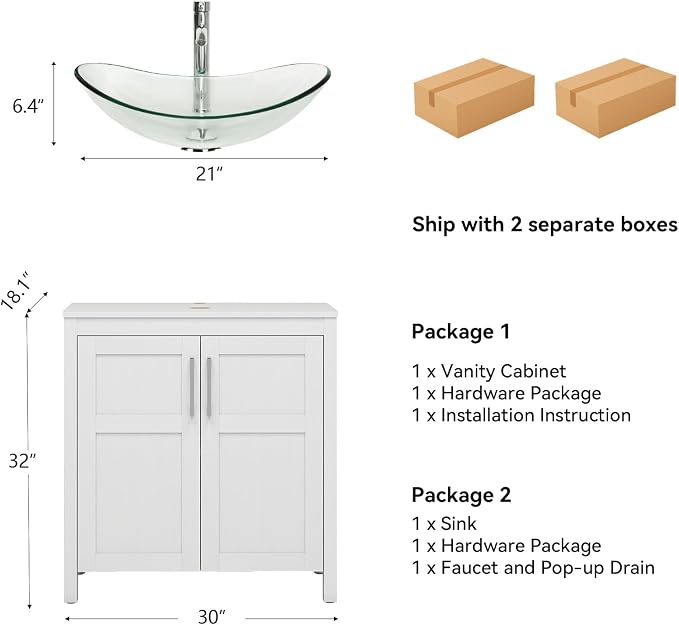 YOURLITE 30 Inches Traditional Bathroom Vanity Set with Single Faucet Hole, Clear Boat Glass Sink, White Finish, 2-Door Cabinet