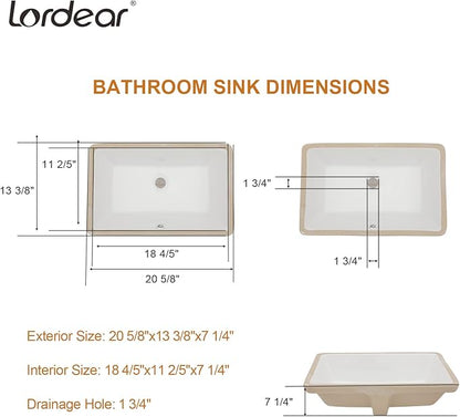 Lordear Undermount Bathroom Sink 21x13 Inch Bathroom Vanity Sinks Undermount Rectangle White Porcelain Ceramic Bathroom Under Counter Lavatory Basin with Overflow