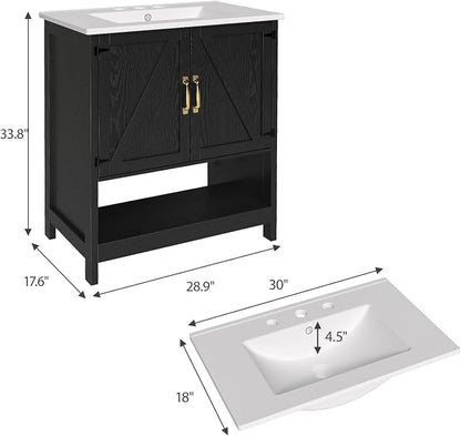 30 Inch Bathroom Vanity with Sink, Pedestal Sink Storage Cabinet with 2 Doors & LED Light, Mid-Century Modern Bathroom Vanity with Open Bottom Shelf, Black