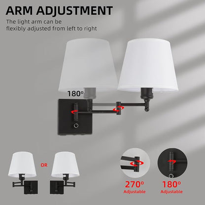 Bedside Wall Mount Light with Dimmable Switch and USB C+A Charging Port, Swing Arm Fabric Shade Wall Sconce Light with Plug in Cord, Black Wall Lamp for Bedroom, Living Room and Hotel
