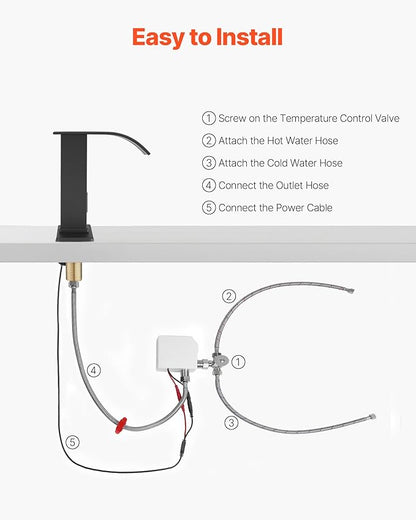 VEVOR Touchless Bathroom Sink Faucet, Automatic Motion Sensor Waterfall Restroom Toilet Faucet with Hole Cover Plate, Battery Operated,Hot/Cold Water for 9/16 in Pipe Commercial Lavatory,Matte Black