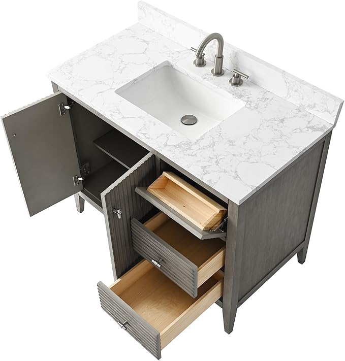 HOMEBEYOND 42" Bathroom Vanity with Sink, Solid Wood Bathroom Vanity Free-Standing Cabinet, Drawers, Ceramic Top & Soft Closing Door, Golden Brushed Handware, Driftwood Gray