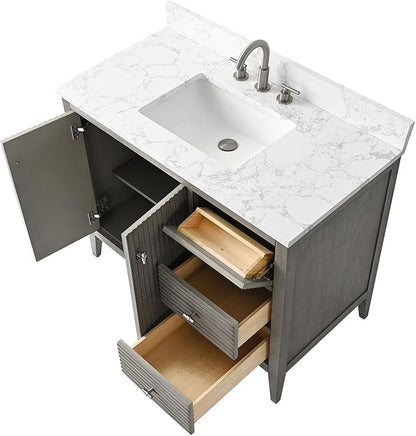 HOMEBEYOND 42" Bathroom Vanity with Sink, Solid Wood Bathroom Vanity Free-Standing Cabinet, Drawers, Ceramic Top & Soft Closing Door, Golden Brushed Handware, Driftwood Gray