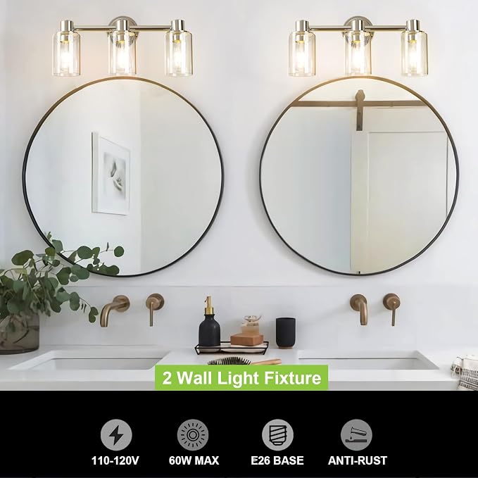 3 Light Bathroom Wall Light Fixtures Chrome Bathroom Wall Sconce with Clear Glass Lights Over Mirror Vanity Lights E26 Base