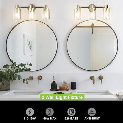 3 Light Bathroom Wall Light Fixtures Chrome Bathroom Wall Sconce with Clear Glass Lights Over Mirror Vanity Lights E26 Base