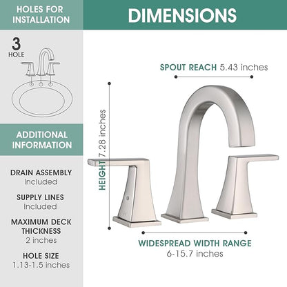 Bathroom Faucets for Sink, 2 Handle Widespread Bathroom Sink Faucet, 3 Hole Modern Stainless Steel Faucet with Pop-up Drain and Water Supply Lines, Brushed Nickel