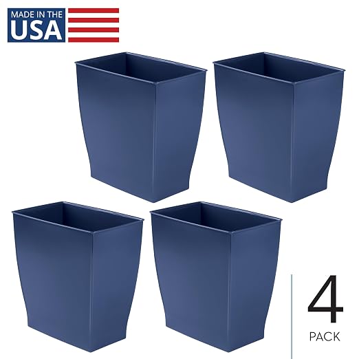 iDesign Small Plastic Bathroom Trash Can, Slim Rectangle, 4-Pack, Navy Blue | Bedroom, Office, Dorm