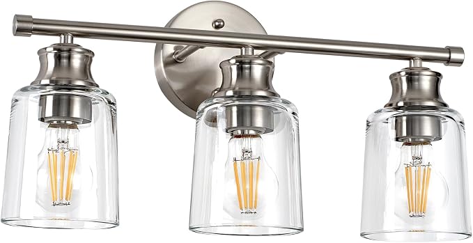 Bathroom Light Fixtures Over Mirror, 3 Lights Vanity Lights with Clear Glass Shade, 18.1" Brushed Nickel Farmhouse Bathroom Wall Light Fixtures for Bedroom, Hotel, Mirror Cabinet
